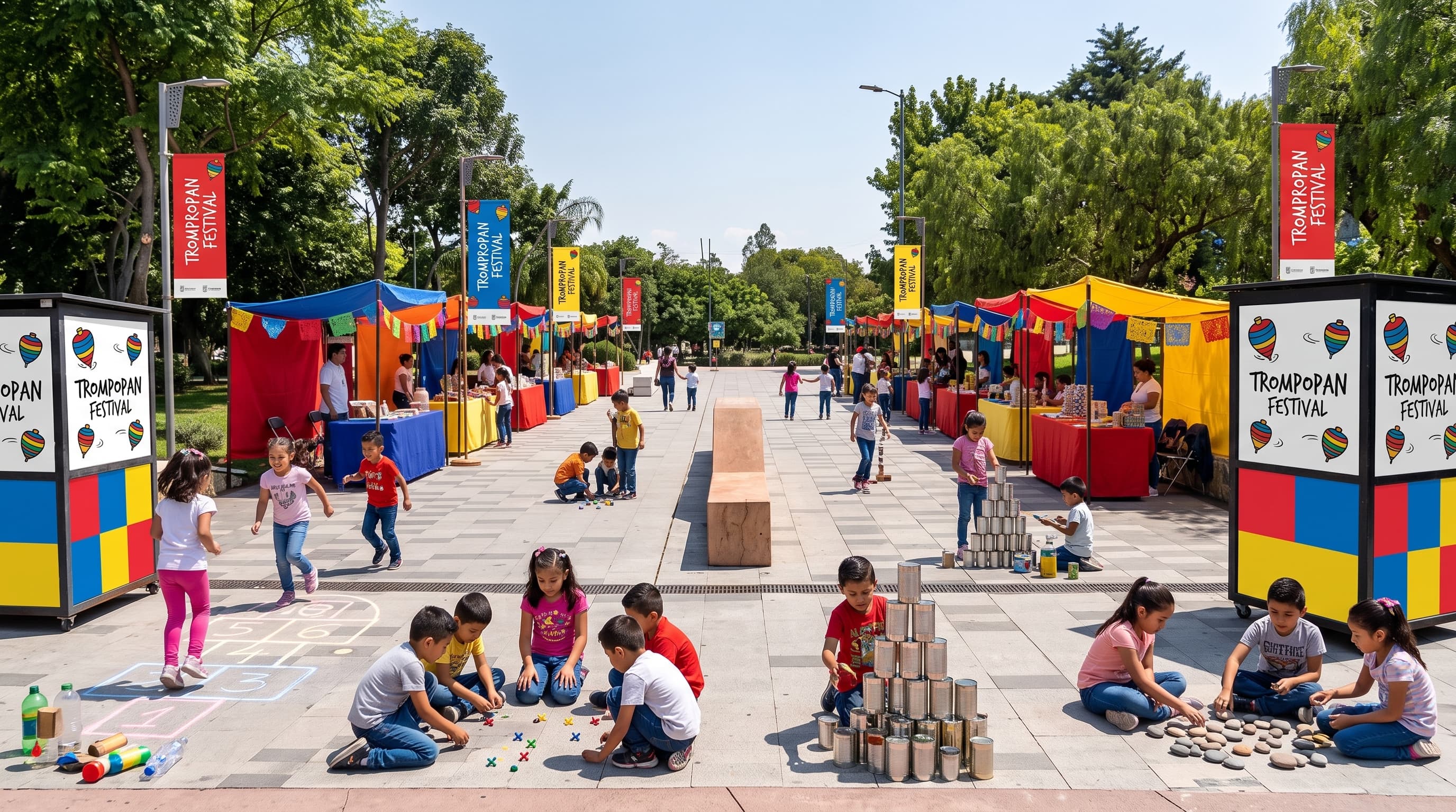 Festival al aire libre con niños jugando con objetos cotidianos
