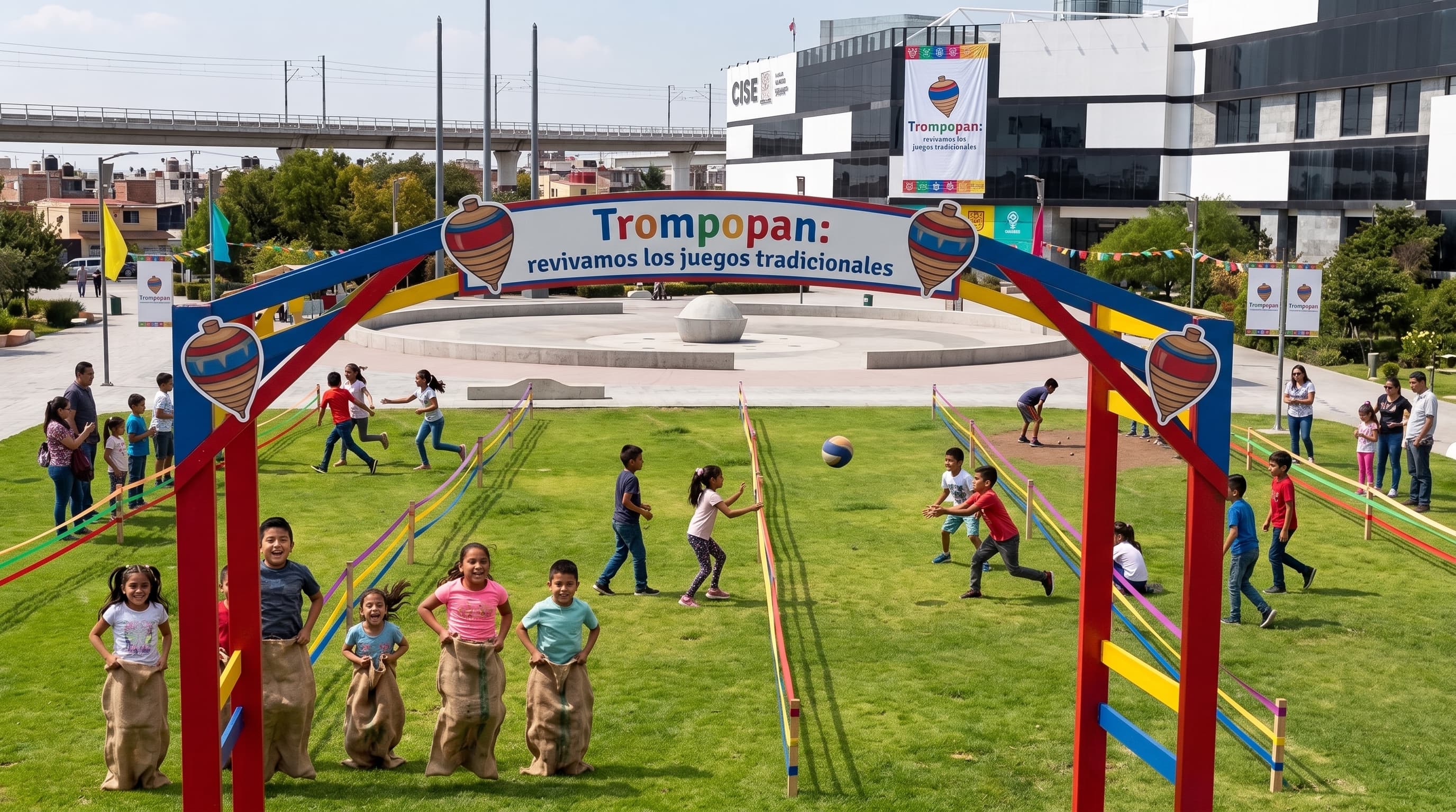 Niñas y niños jugando carreras de costales y juegos tradicionales al aire libre