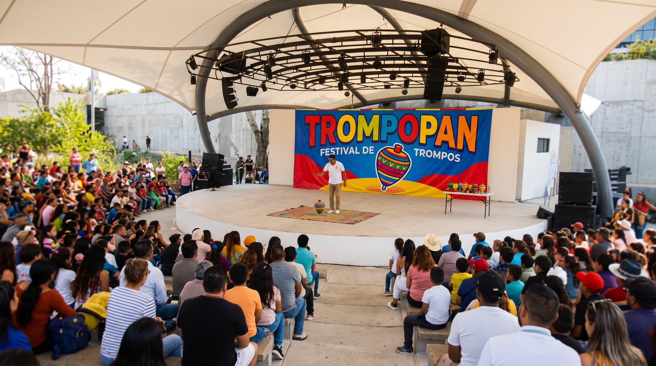 Exhibición de trompo frente a familias reunidas en Trompopan